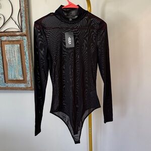 Hera Collection Black Sheer Long-Sleeve Mock Neck Bodysuit NWT M